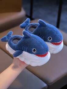 1 Pair Cute Shark Design Children's Slippers, Plush Cartoon Indoor Shoes For Toddler Boys, Winter - Baby Blue - View 1