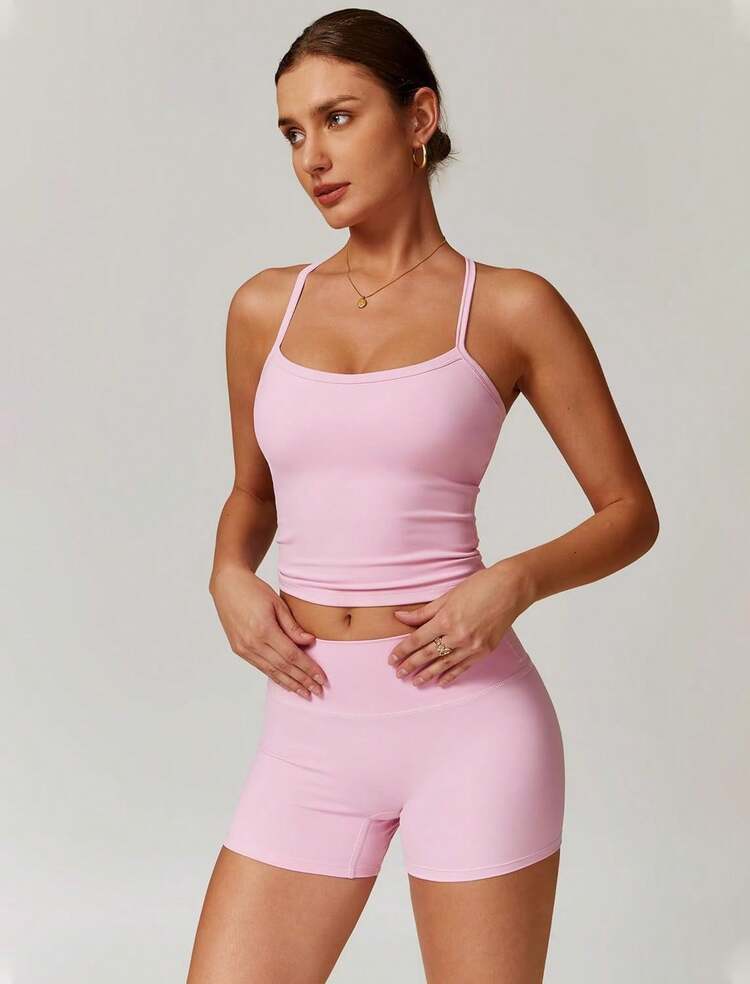 Two Piece Workout Sets Women Top Matching High Waist Lifting Shorts Gym Wear Outfits - 撞色粉紅色 - 查看 3