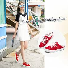 BENPAO Women's Slip On Sneakers Canvas Slip Ons Shoes Fashion Mules Womens Non Slip Loafers Casual Backless ShoesChristmas - Red - View 3