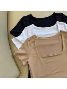 Kit Of 3 Basic Suplex Blouses, Square Neckline, Short Sleeve, Lined - 米色/白色/黑色 - 查看 4