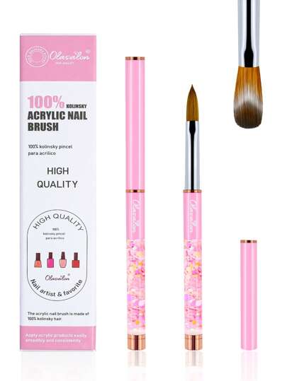 Pennello per unghie in 100% puro Kolinsky Acrilico di Olasalon per arte di unghie fai-da-te, manicure, saloni di bellezza, con manico glitterato ROSA trasparente (verrà inviato casualmente il nuovo o il vecchio imballaggio)
