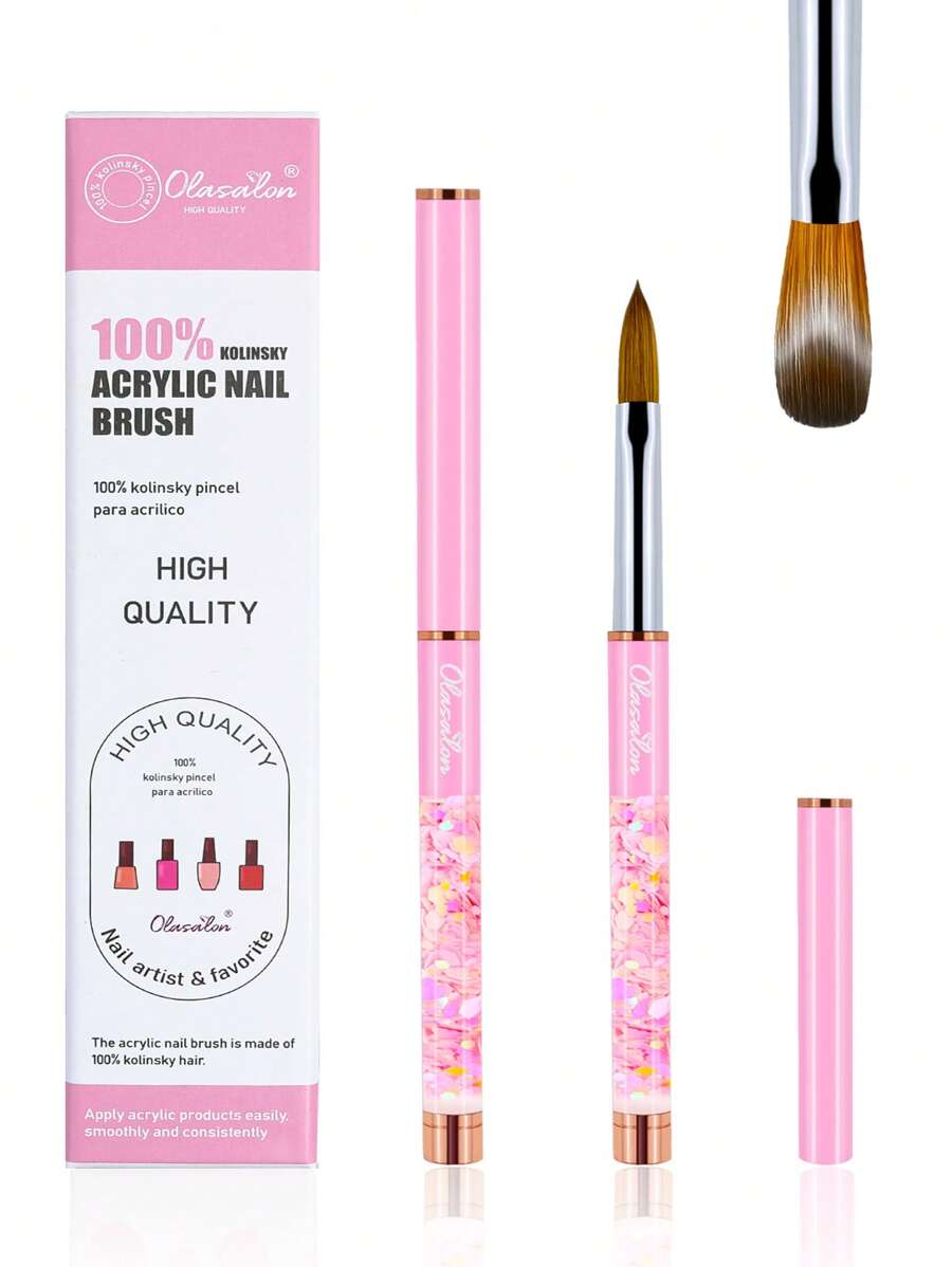 Pincel de uñas Kolinsky 100% puro para acrílico de Olasalon para manicura y arte de uñas DIY en el hogar y salón, con mango transparente color rosa glitter (se enviará al azar el empaque nuevo o antiguo)