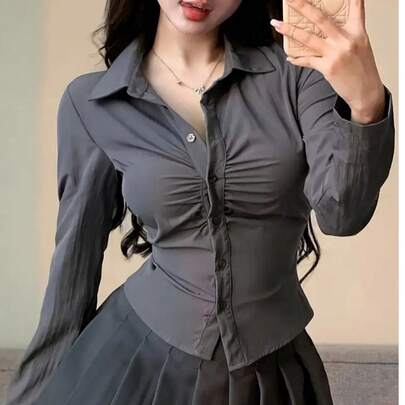 여성 캐주얼 데일리 솔리드 컬러 플리츠 슬림핏 긴팔 셔츠, 봄/가을