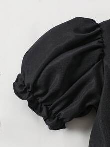 女童夏季泡泡袖拼接下摆连衣裙 + 吊带纽扣开衫牛仔上衣套装，时尚百搭返校装 - 黑色 - 查看 6
