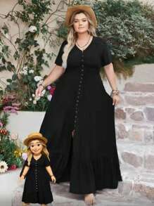 Rusttydustty Women Plus Size Ink Green Slit V-Neck Elegant Full Beach Vacation Dress Minimalist Elegance Music Festival Tropical Vacation - Black - View 9