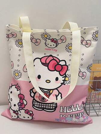  1 PC Sanrio For Hello Kitty & For Kuromi Cartoon Design Tote Bag For Girl - Cute Pink Canvas Shoulder Bag With Floral & Bow Accents, Lightweight Large Capacity For Daily Commute, Work, Shopping, For Hello Kitty Purse, Work Accessory, Playful Accessory, Lightweight Bag