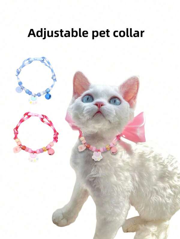 1 Stück bunter Haustierkragen, verstellbarer Halsgurt mit süßem Pfötchen-Aufdruck & Glöckchen, leuchtend farbiger Haustierkragen
