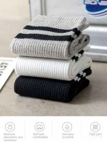 6 Pairs Striped Mid-Calf Socks For Women, Black, White, Gray, Fashionable Casual Sports Long Socks, Suitable To Pair With Underwear And Pants, Women's Outerwear Mid-Calf Socks, Student Sports Long Socks, Striped Mid-Calf Socks (1/3/6 Pairs) - Multicolor - View 6