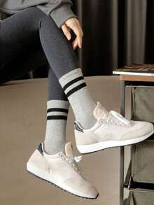 6 Pairs Striped Mid-Calf Socks For Women, Black, White, Gray, Fashionable Casual Sports Long Socks, Suitable To Pair With Underwear And Pants, Women's Outerwear Mid-Calf Socks, Student Sports Long Socks, Striped Mid-Calf Socks (1/3/6 Pairs) - Multicolor - View 4