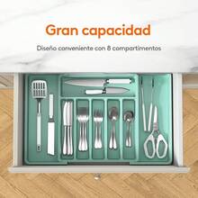 Caja de almacenamiento de vajilla, bandeja retráctil para vajilla, bandeja de vajilla para cajón de cocina, caja de almacenamiento compacta ajustable para vajilla, cuchara, tenedor, cuchillo, tamaño, negro - Turquesa - Ver 11
