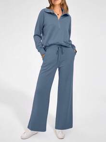 Women's 2 Piece Outfits Casual Lapel Half Zip Sweatshirts And Wide Leg Pants Tracksuit Sets - 灰藍色 - 查看 4