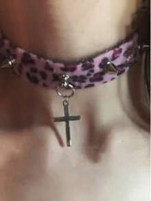 1pc Personalized Cross Purple Plush Leopard Print Collar Fashionable Style Mixed Material Multi-Color Women's Collar Necklace Suitable For Parties, Gatherings, Outings And Fashionable Wear - 彩色 - 查看 5