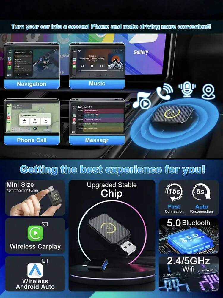 2-In-1 Wireless Android Auto & CarPlay Adapter - USB-C/PD Compatible, Plug & Play, Low Latency, Enabled, USB- (5V) With Wireless, Compatible With IOS10+ & Android 11+, Dashboard Receiver, Smartphones & Cars, Wireless Dongle For Seamless In - Silver - View 6