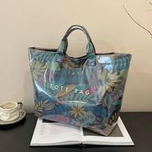 Women's Fashion Handbag, PVC Transparent Tote Bag With Camouflage Pattern, Waterproof Outdoor Casual Bag, Large Capacity Beach Bag, Casual Style, Large Capacity, Fixed Shoulder Strap, Hook & Loop Closure, Polyester Lining, Random Print Design, Suitable For Work And Commuting