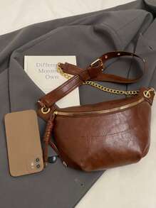 Bolsa de peito com corrente feminina, material PU, fecho de zíper, bolsa portátil para guardar celular, pochete, cor sólida, estilo simples, bolsa transversal para compras, encontros, passeios, tamanho compacto