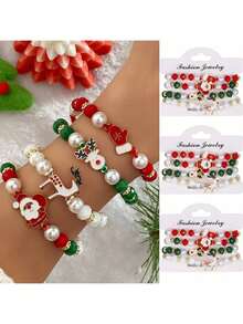 4pcs Elegant Christmas Charm Bracelet Set, Suitable For Women, Includes Adorable Santa Claus, Reindeer And Mitten Bead Decors, Holiday Gift, Party Accessory - Suitable For All Seasons