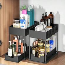 1set Under Sink Organizer, 2-Tier Sliding Cabinet Basket Organizer Drawers, Under Sink Organizers And Storage Bathroom Kitchen Cabinet Organizer With Hooks Cup The Bottom Drawers Can Be Slid Out, Kitchen Accessories, Home Decor, Party & Christmas Storage