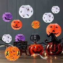 10pcs Halloween Pumpkin Paper Lanterns - Paper Lanterns With Spiders, Bats, Skulls & Pumpkins, Suitable For Halloween Party, Wedding, Garden, Bedroom, Bar, Indoor & Outdoor Decorations, No Electricity