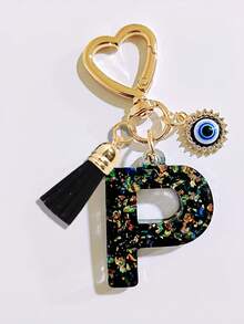 1pc Black Initial Keychain, Black Tassel Pendant, Evil Eye Fashion Keychain, Alphabet Keychain Backpack Charm, Keychain For Women And Girls, Exquisite And Small, Fashionable And Simple, Wallet And Handbag Accessories, Tassel Keychain, Alphabet Initials A-Z, Suitable For Commuting, Studying, Vacation