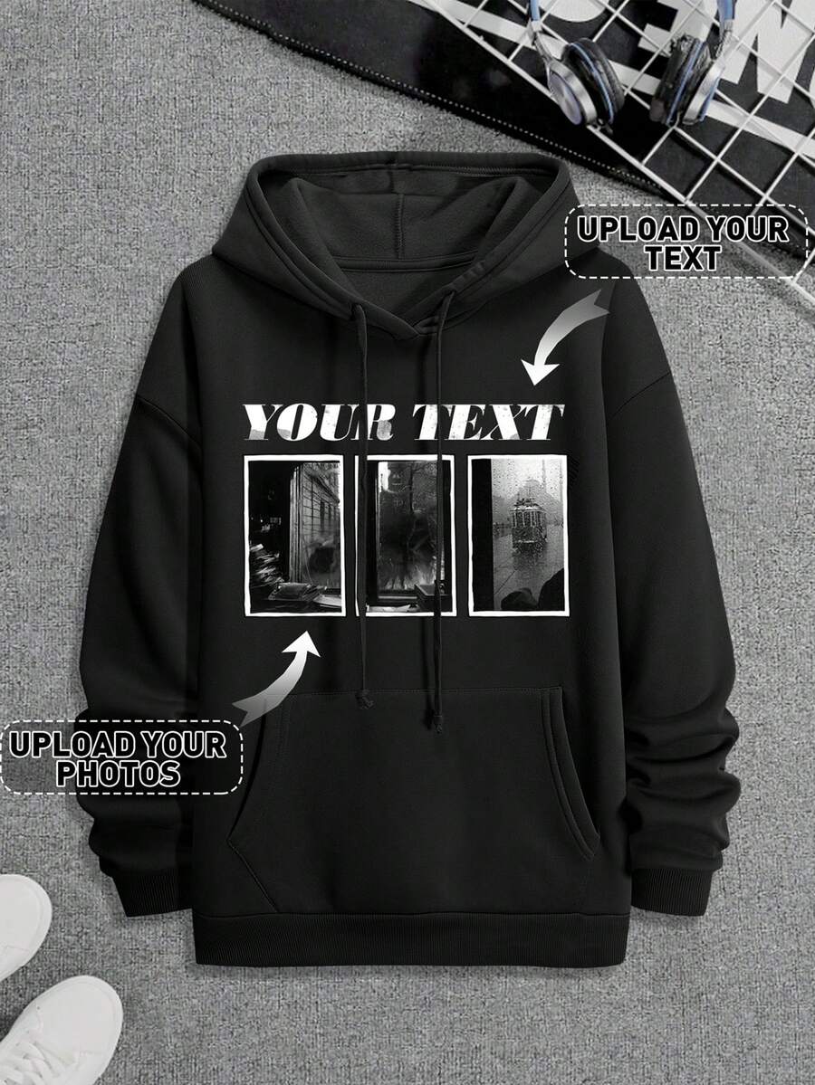 sweat-shirt à capuche personnalisé pour hommes, sweat-shirt à capuche ample et décontracté pour la rentrée, les activités extérieures, Halloween, avec photo ou design personnalisé. Convient pour les couples, les blagues, les cadeaux surprises, les vêtements de sport style petit ami, coupe basique. Convient pour le petit ami, la famille, les amis. sweat-shirt à capuche noir, cadeau pour les fêtes, cadeau pour lui, automne, Top à manches longues - Noir - Voir 1