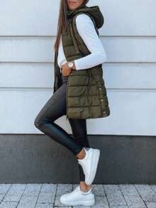Women Long Vest Solid Color Sleeveless Hood Winter Puffer Vest Outwear - 軍綠色 - 查看 4