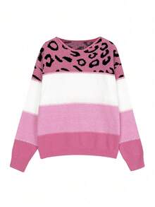 Women's Oversized Cute Colorblock Leopard Print Sweater, Casual Comfortable Ribbed Knit Crew Neck Long Sleeve Pullover Top - Multicolor - View 4