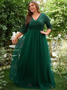 Vestido formal de gala de talla grande para mujer, con lentejuelas y corte evasé - Verde Oscuro - Ver 11