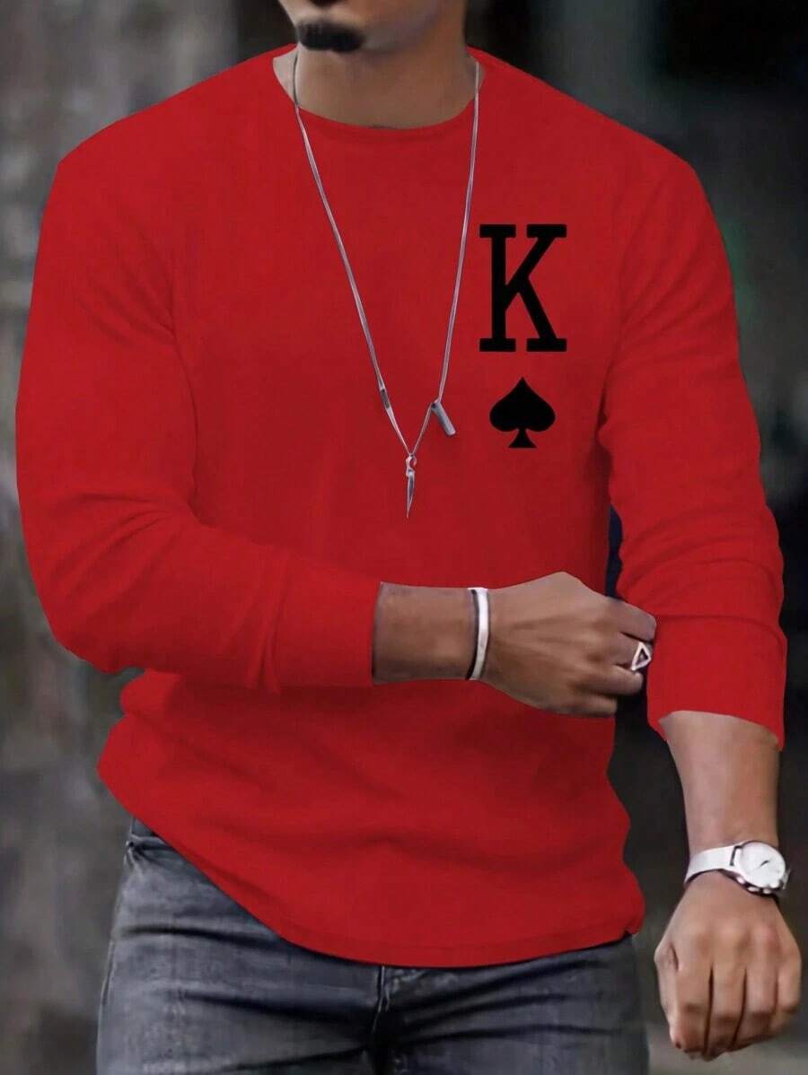 Men'S Round Neck Printed Long-Sleeved T-Shirt, Men's Playing Card Print Men Long Sleeve Tee King Outfit For Men King Shirt NEUROPLASM - Red - View 1