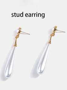 2 chiếc khuyên tai kẹp ngọc trai giả hình giọt nước phong cách Pháp cổ điển, khuyên tai xỏ khuyên dài thanh lịch - Vàng - Xem 10