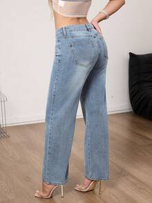 Women's High Waisted Wide Leg Jeans - Light Wash Straight Denim Pants Relaxed Fit Minimalist Aesthetic - 淺色水洗藍 - 查看 6