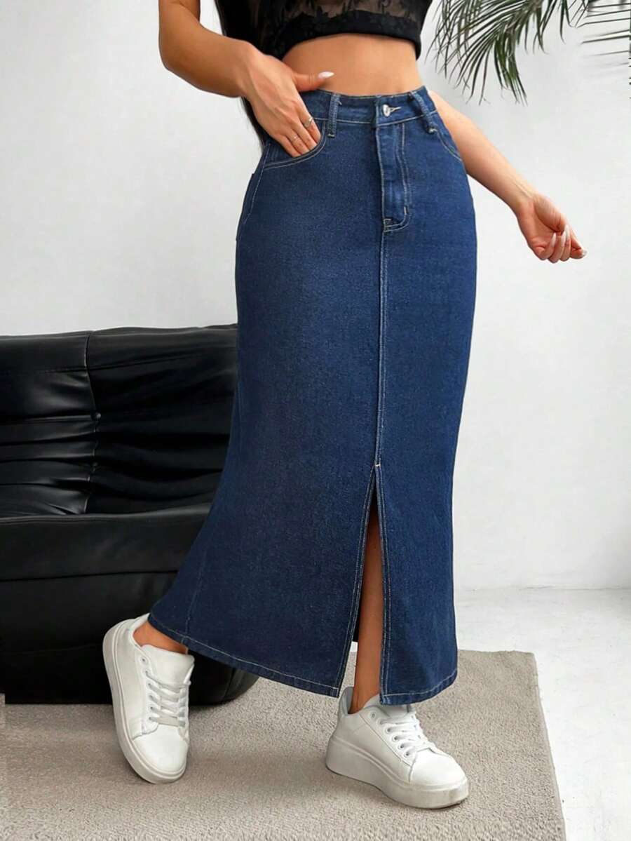 2025 falda de Mezclila suelta y delgada con caderas a, tenedor abierto, falda vaquero casual de media y larga duración, mujer de 4 colores - Azul Marino - Ver 1
