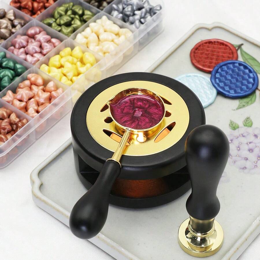 Wax Seal Heater With Wax Melting Spoon Antique Wooden Wax Seal Stove And Wax Seal Set For Melting Wax Seal Beads Or Sealing Wax Sticks, Stamps, Wedding Wax Seals Envelope Seals Stamps, Fast Melting, Perfect For Wax Seal Stamps - Multicolor - View 1