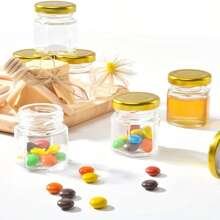 1.5盎司六角形迷你玻璃蜂蜜罐 - 1个/4个/10个/20个/30个套装，配木托盘、金色盖子、感谢卡和麻绳，是婴儿派对、婚礼和聚会的理想之选，也可用作婚礼回礼和派对回礼。