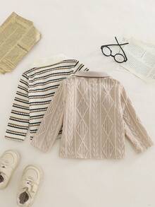 2 件男婴秋冬黑白棕条纹长袖上衣和米色长袖 Polo 领衬衫套装