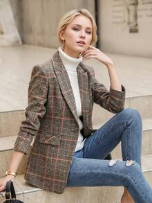 2025秋冬新款韩版格子羊毛西装外套女休闲优雅英伦风西装外套 - 棕色 - 查看 2
