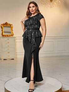 Plus Sequin  Contrast Split Thigh Mermaid Hem Formal Party Dress For Wedding Guest, Birthday, Graduation, Homecoming - 黑色 - 查看 6
