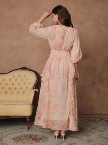 Savoree Váy voan satin tay đèn lồng họa tiết hoa màu hồng dáng chữ A, nhún bèo eo thanh lịch dành cho nữ, mùa xuân/lễ Phục sinh - Xem 3