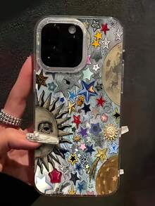 1 pieza Nuevo estuche de teléfono antideslizante con estampado de sol y estrella de plumas, compatible con Apple 16 Pro Max, 11/12/13/14 Plus, XR/7/8 Plus/15 Pro Max, estuche de teléfono minimalista y de alta gama