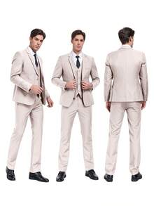 Bộ vest nam 3 món thanh lịch, màu trơn, hai nút, dáng ôm, áo khoác vest và quần, thích hợp cho đám cưới, dạ hội, công sở, phong cách quý tộc cổ điển. - Màu be - Xem 3