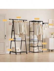 1pc Metal Freestanding Portable Clothes Rack With 1-Tier Shelf, Adjustable Rolling Clothes Rack, Large Capacity Non-Slip Hat Rack With Locking Wheels, Multi-Layer Design. Rolling Multi-Functional Metal Clothes Rack, Independent Triangle Clothes And Coat Storage Organizer Suitable For Home, Kitchen And Closet, With Movable Multi-Layer Structure. Floor Standing Clothes Rack Living Room Storage Rack Floor Standing Bedroom Small Coat Rack Bag Rack - Multicolor - View 3
