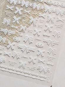 1片秋季新款白色/黑色蕾丝蝴蝶结美甲贴纸，可爱蝴蝶结美甲贴纸，白色/粉色3D自粘复古优雅蝴蝶结美甲设计用品，丝带蝴蝶结，女士DIY美甲装饰 - 彩色 - 查看 1