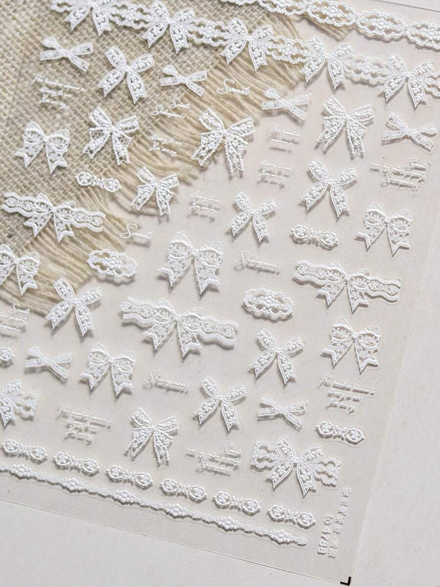 1片秋季新款白色/黑色蕾丝蝴蝶结美甲贴纸，可爱蝴蝶结美甲贴纸，白色/粉色3D自粘复古优雅蝴蝶结美甲设计用品，丝带蝴蝶结，女士DIY美甲装饰 - 彩色 - 查看 1