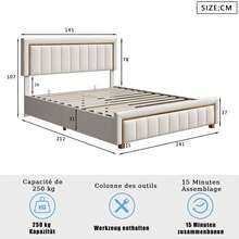 HOKZYHOUSE Letto imbottito 140 x 200 cm, letto matrimoniale con contenitore idraulico e rete a doghe, letto contenitore, righe verticali con bordi dorati, velluto, beige - Beige - Visualizzare 11