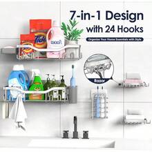 Shower Caddy Adhesive Shower Organizer 7-Pack, Rustproof Stainless Steel Bathroom Shelves, Large Capacity No-Drill Rack Storage Accessories With Soap Dish Toothbrush Holder &24 Hooks Home Decor - 銀色 - 查看 4