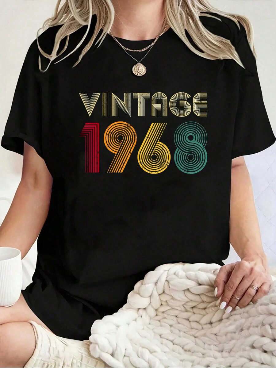 57th Birthday Gift 1968 Vintage Men Women 57 Years Old T-Shirt - 100% Cotton T Shirts For Women, Summer Tops Clothes - 黑色 - 查看 1