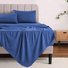 Lux Decor 4 Pc Stripe Bed Sheets High GSM Brushed Microfiber Sheets - Elevate Your Sleep Experience With Deep Pocket Bedding Sheets & Pillowcases-Graduation Gifts, Home Decor, Back-To-School Gift, Valentine's Day Bedroom, Spring Bedding Refresh, Guest Room Essentials, Dorm Room Bedding, Premium Bed Linens, Easy Care Sheets, Hypoallergenic Fabric, Year-Round Comfort, Master Bedroom Update, Matching Bedding Set, Hotel Quality Linens, Everyday Use, Classic Look, Home Basic - 藏蓝色 - 查看 8