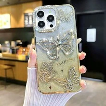 Korean Ins Style Electroplated Silicone Phone Case Compatible With IPhone 16 Pro Max, 3D Rhinestone Butterfly Design, Soft Full Coverage Case Compatible With IPhone 14 Pro, 13, 12, Unique Design Compatible With Samsung S25 - Pink - View 6