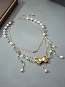 1件绿色蝴蝶链和水晶仿珍珠项链饰品，精灵仙子风，朋克风，串珠颈链，送给她的完美礼物，适合日常佩戴 - 綠色 - 查看 5