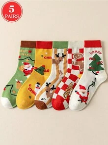 1/5双装女士圣诞船袜，姜饼人、雪人、圣诞老人、圣诞树、小鹿图案，秋冬款 - 彩色 - 查看 8