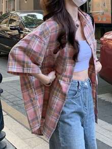 YUXIN 复古美式小众设计女式短袖格子衬衫，轻盈夏季防晒夹克，宽松百搭小码衬衫 - 粉色 - 查看 7